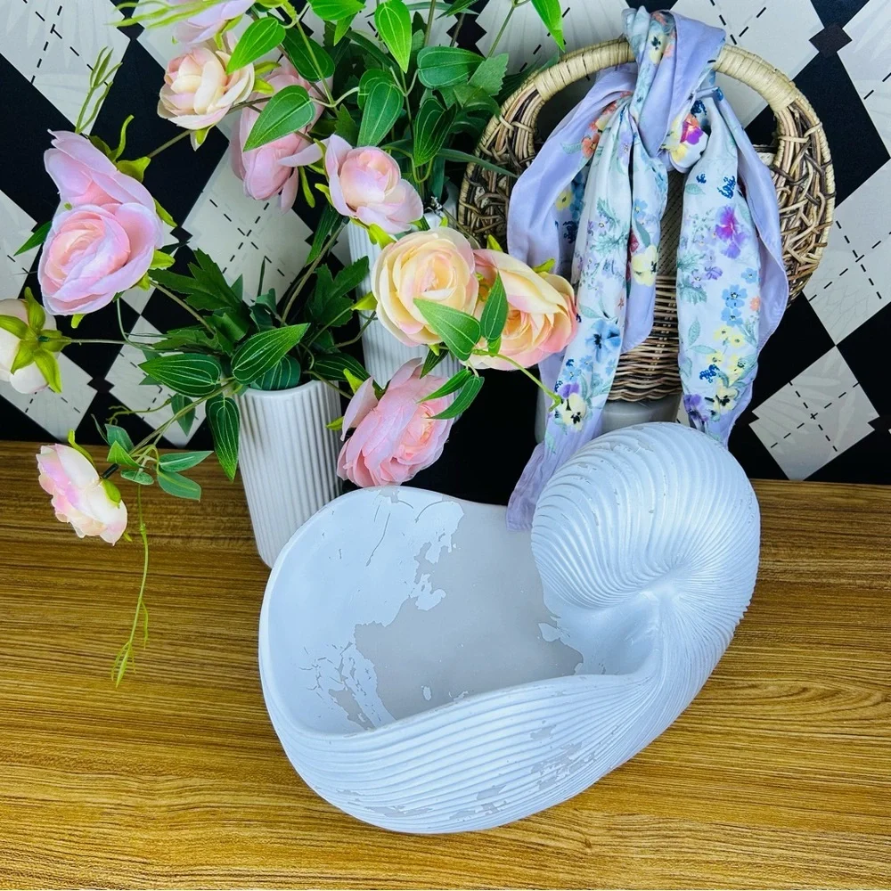 Large‎ Distressed Shell Vase White Resin Organic Sculptural Form Coastal Luxury